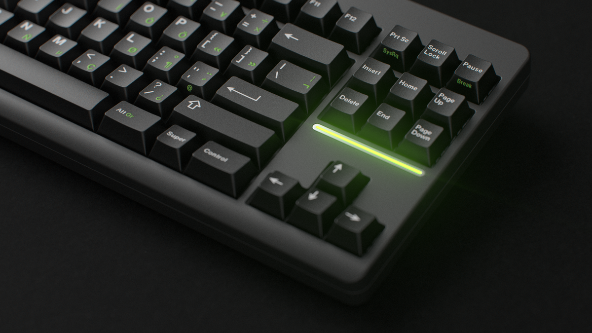  render of GMK CYL Griseann R2 on a black Classic TKL Keyboard close up on right 