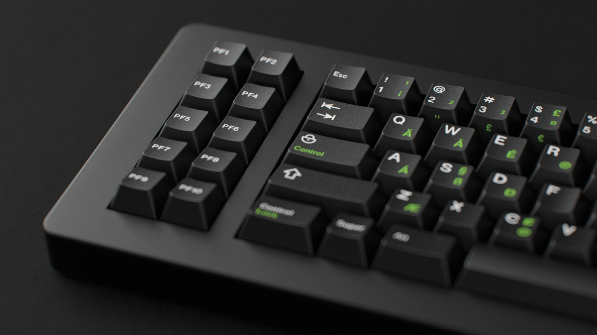  render of GMK CYL Griseann R2 on a black Classic TKL Keyboard close up on the left side 