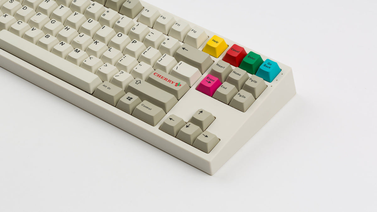  GMK CYL Beige Addon on a beige NK87 keyboard zoomed in on right angled 