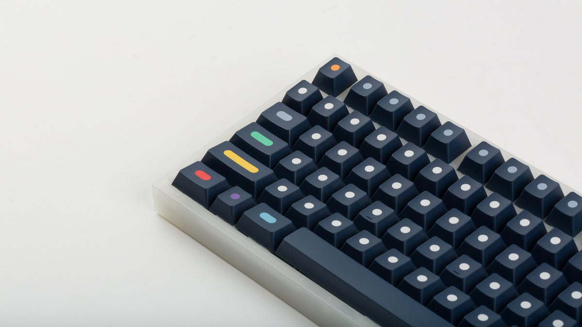  GMK CYL Dots dark base on a clear keyboard zoomed in on left 