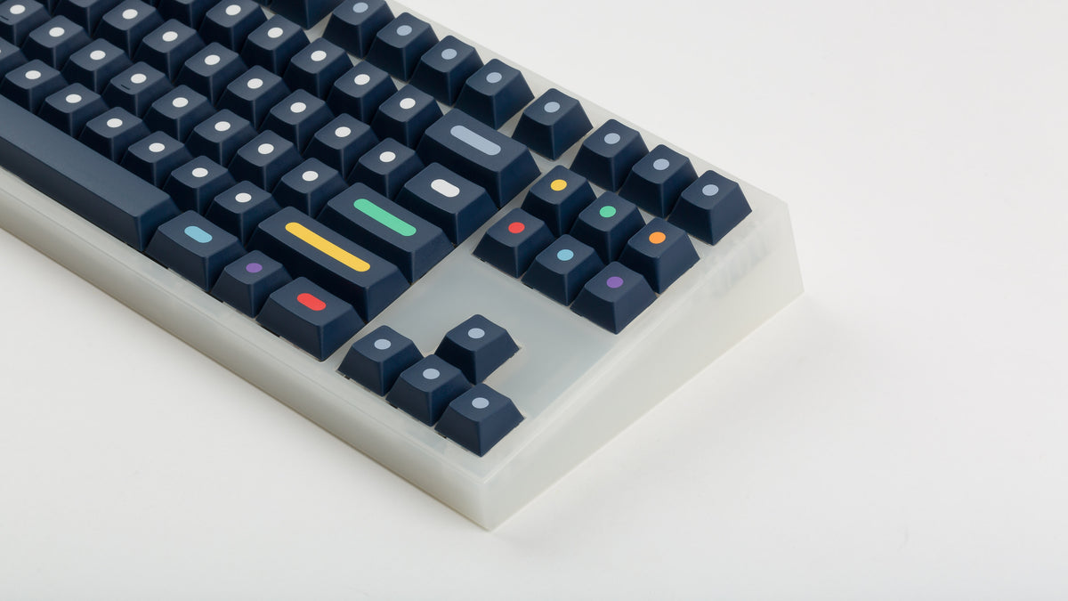  GMK CYL Dots dark base on a clear keyboard zoomed in on right 