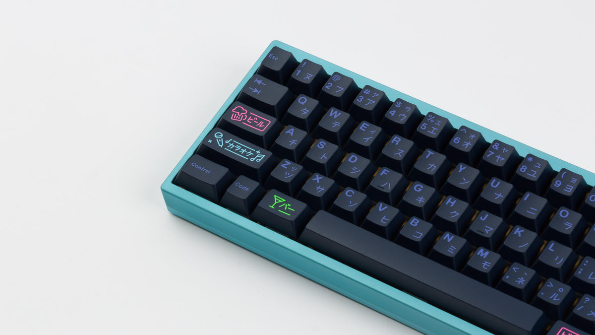  GMK CYL Nightlife on blue keyboard zoomed left side angled 