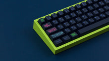 Load image into Gallery viewer, GMK CYL Nightlife on green NK65 Keyboard zoomed in on left side and angled