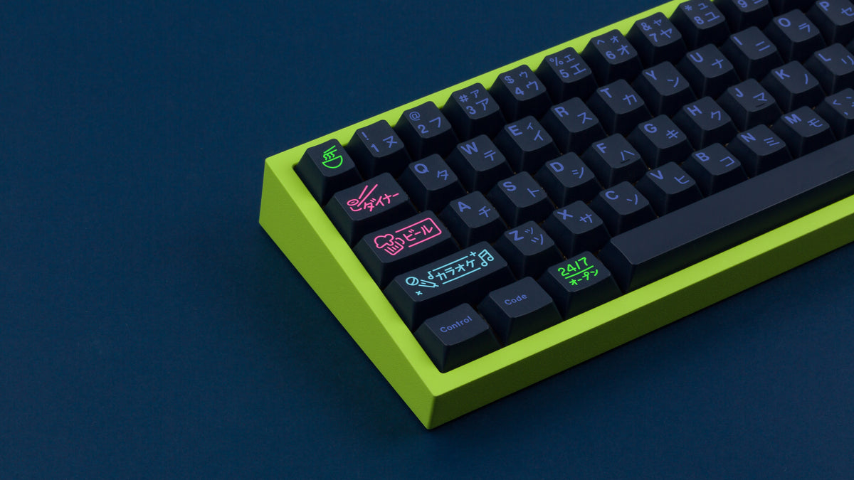  GMK CYL Nightlife on green NK65 Keyboard zoomed in on left side and angled 
