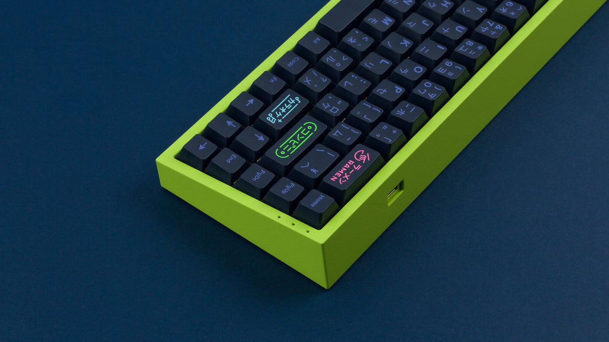  GMK CYL Nightlife on green NK65 keyboard zoomed in on back right 