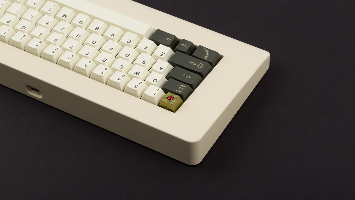  GMK CYL Olive R2 on a beige keyboard back view left side 