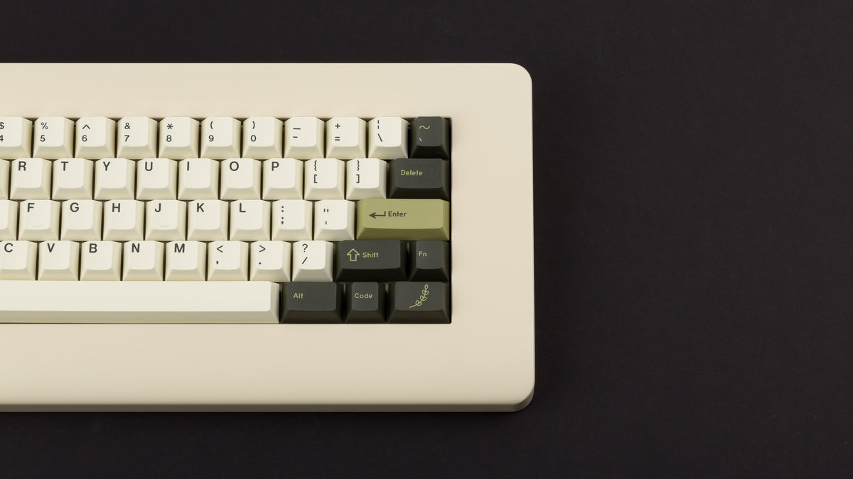  GMK CYL Olive R2 on a beige keyboard zoomed in on right 