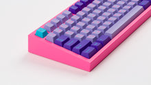 Load image into Gallery viewer, GMK CYL Vaporwave hiragana on a pink nk87 zoomed in and turned to left