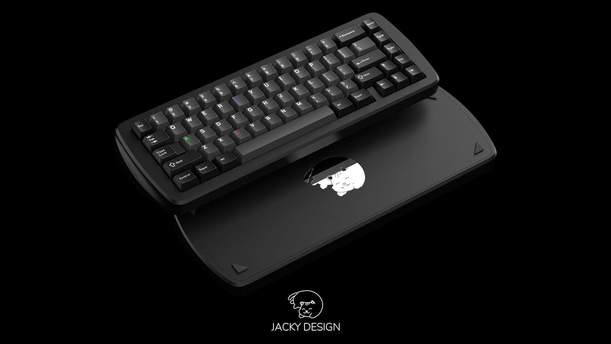 render of gem black ano top and bottomr featuring some keycaps