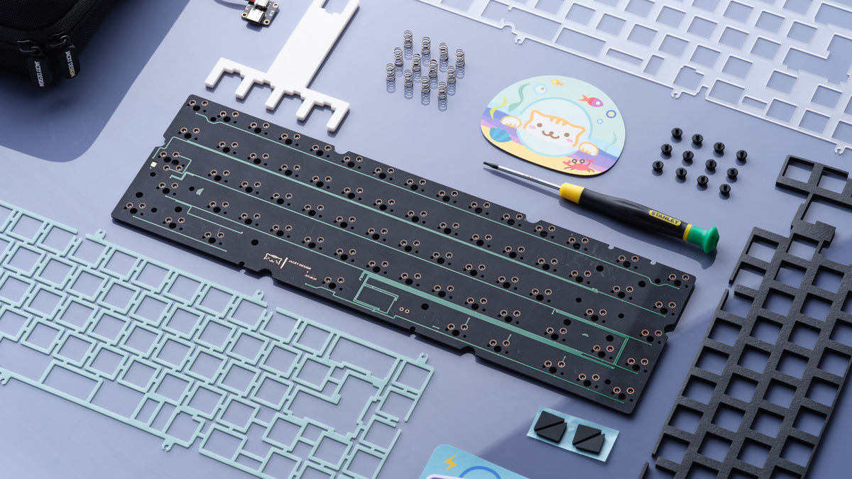 renderof a lockup of keyboard parts including springs, pcbs, foam, and plates