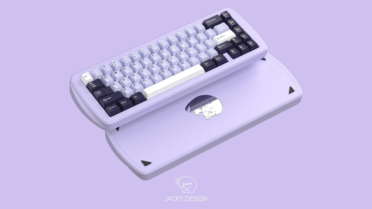 render of lavender ecoat top and bottom featuring some keycaps