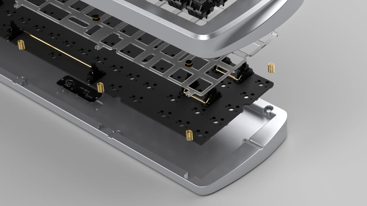 render of an exploded view of silver keyboard
