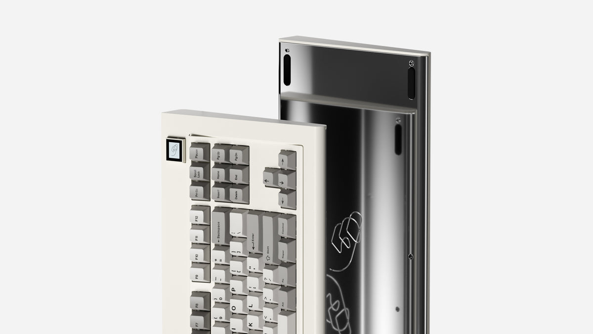  render of vintage beige TKL Model OLED with upgraded chromium plated bottom case featuring beige and white keycaps with black lettering 