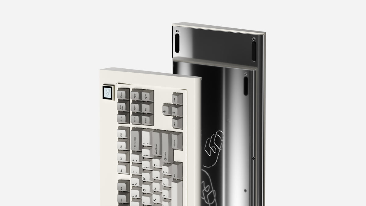  render of vintage beige WKL Model OLED with upgraded chromium plated bottom case featuring beige and white keycaps with black lettering 