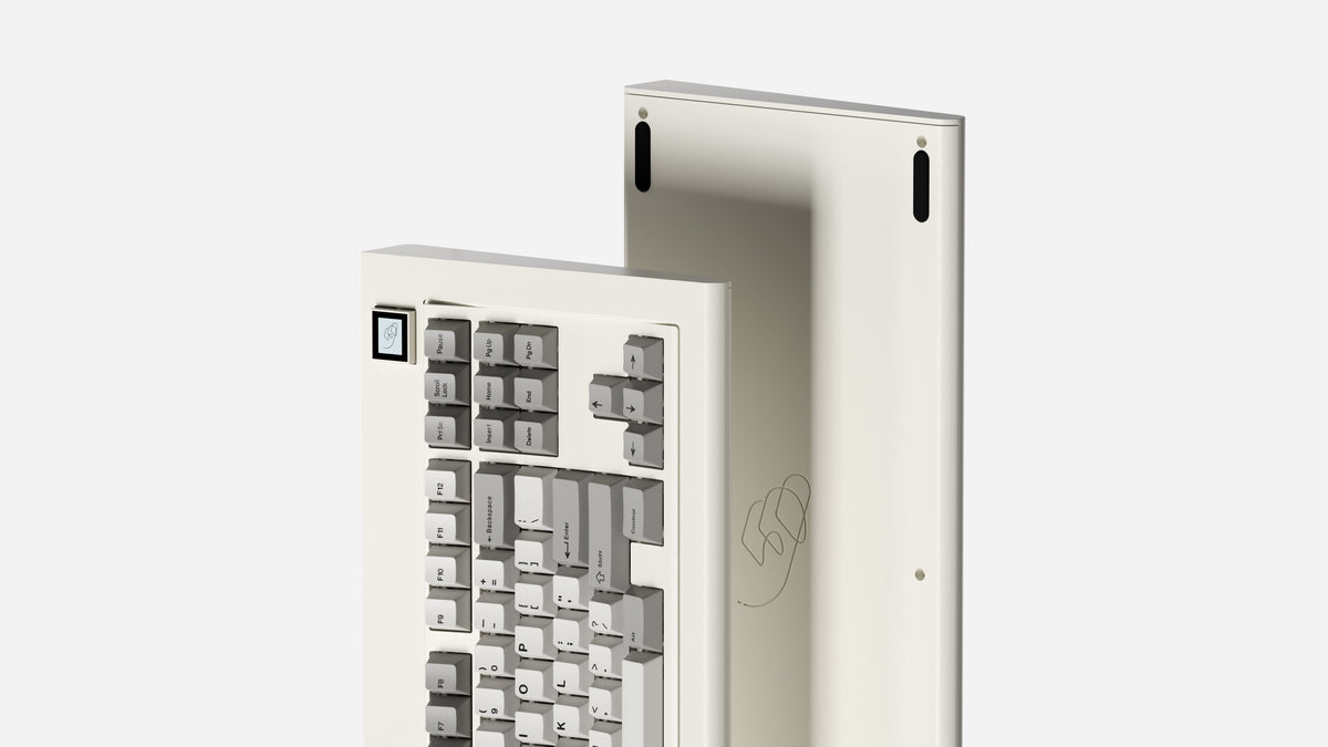  render of vintage beige WKL Model OLED featuring beige and white keycaps with black lettering 