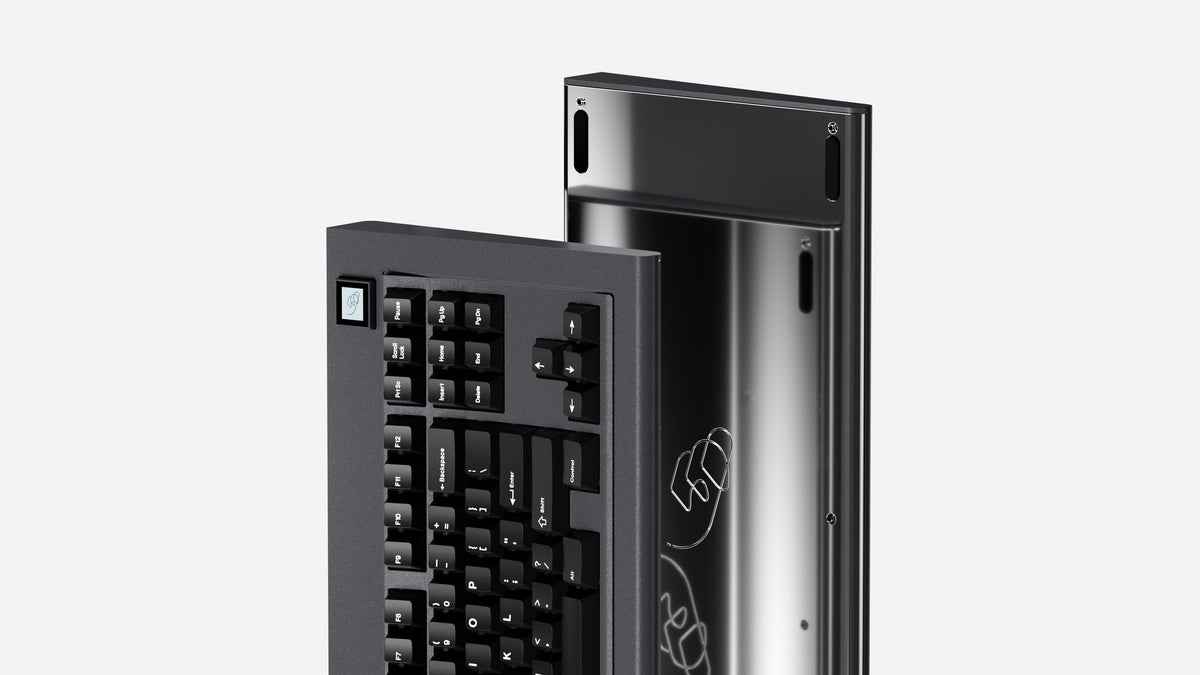  render of Industrial grey WKL  Model OLED with upgraded chromium plated bottom case featuring WoB keycaps 