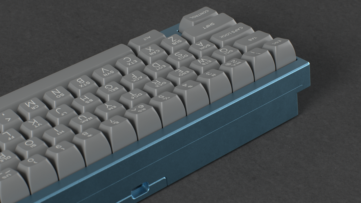  render of SA ASCII on a blue SeisCero keyboard back view left side 