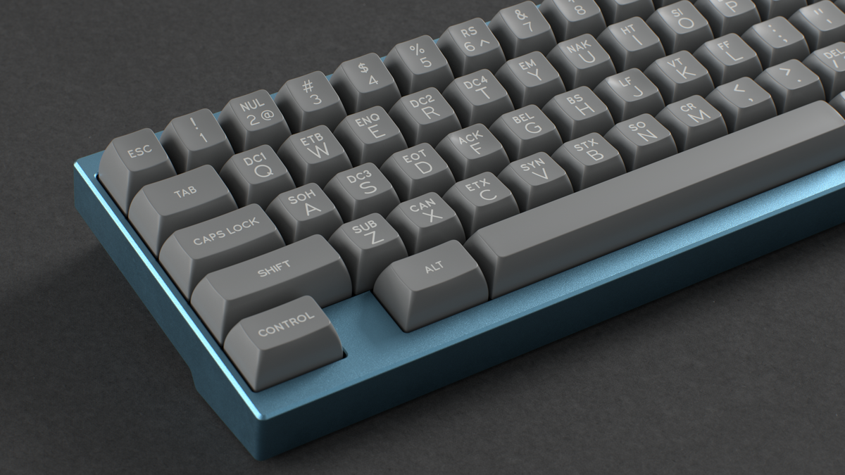  render of SA ASCII on a blue SeisCero keyboard angled zoom in on left 
