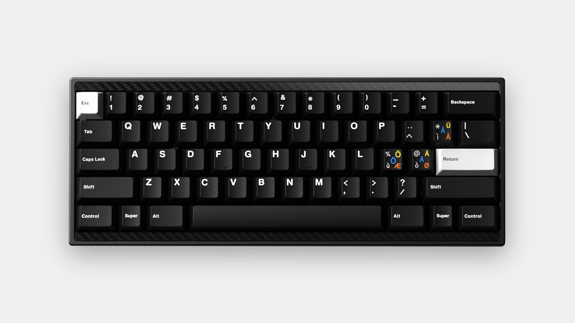 render of GMK Mono top down on black and cardbon fiber keyboard