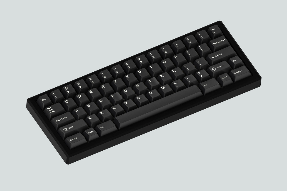 render of soul black case angled featuring white on black keycaps 