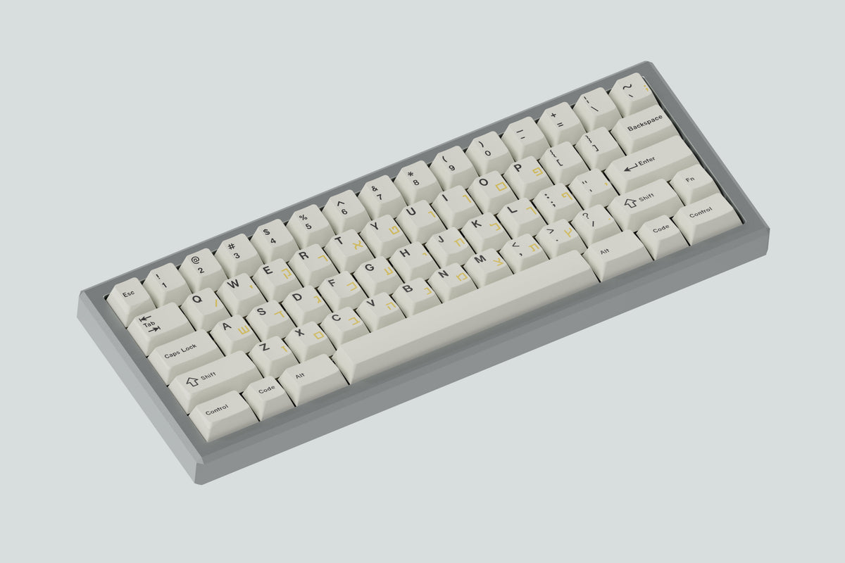  render of lightning silver case angled featuring some white keycaps 