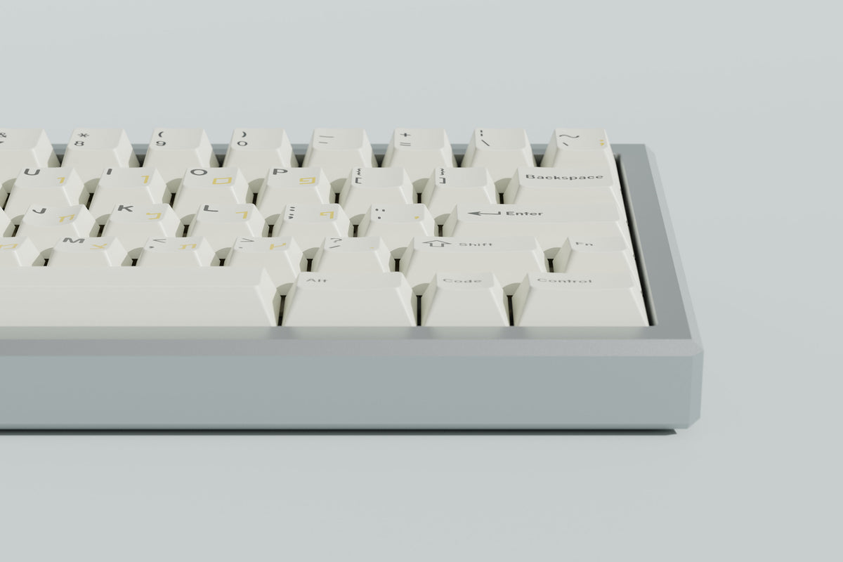  render of the front of a lightning silver case right side featuring some white keycaps 