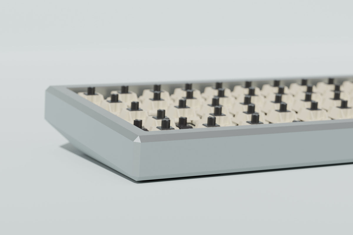  render of the front left of a lightning silver case featuring some switches 