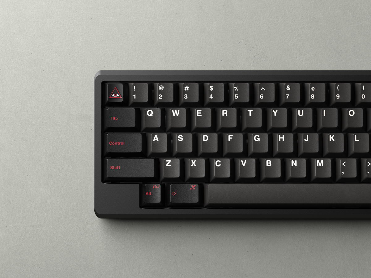  render of GMK CYL Evil Dolch on a black keyboard close up of left side 