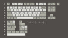 Load image into Gallery viewer, Render of GMK MTNU Beige TKL Base Set - warm beige and gray MTNU profile keycaps with black legends, tenkeyless layout
