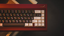 Load image into Gallery viewer, curve 65 keyboard in red on cork top down hanging of shelf close up on right side