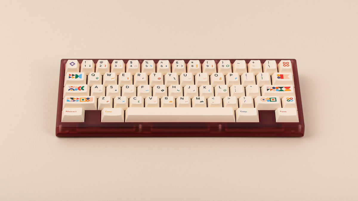  Beetle 60 in maroon with keycaps on a beige background 