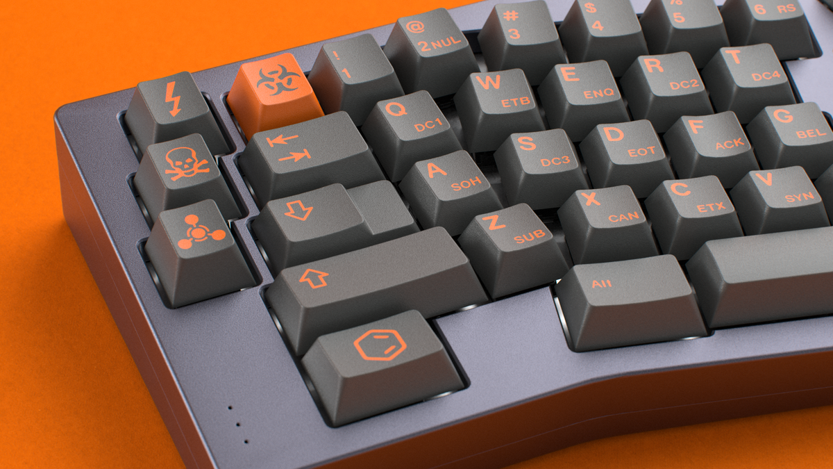  render of GMK CYL Carbon R3 on a grey keyboard close up on left side 