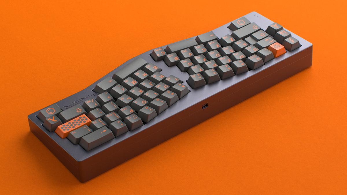  render of GMK CYL Carbon R3 on a grey keyboard back vie 