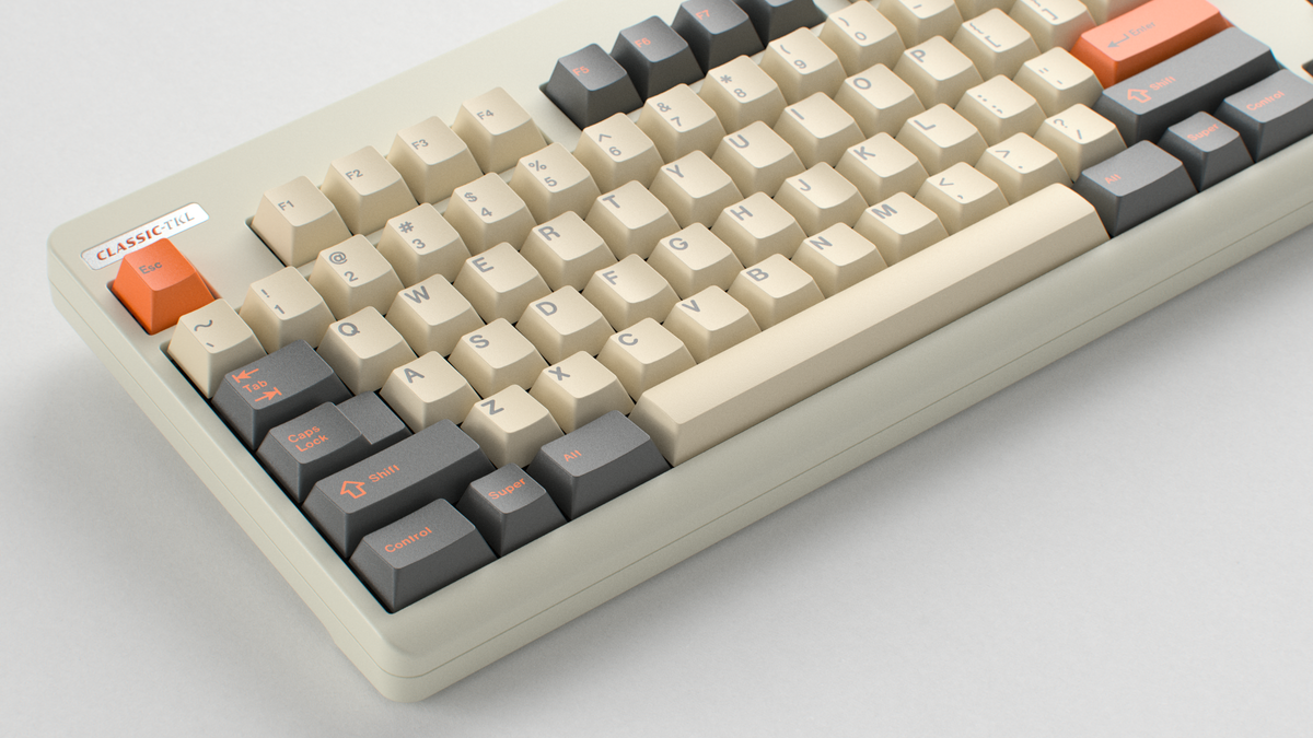  render of GMK CYL Carbon R3 on a beige Classic TKL keyboard close up on left side 