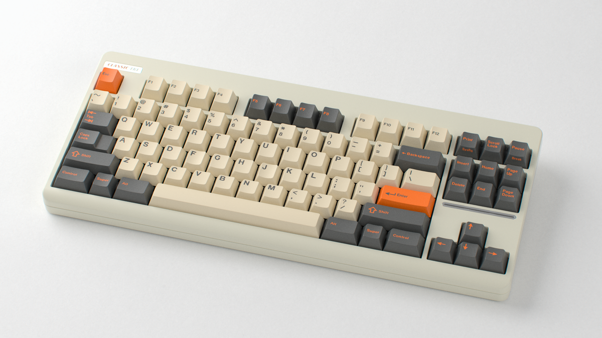  render of GMK CYL Carbon R3 on a beige Classic TKL keyboard angled 