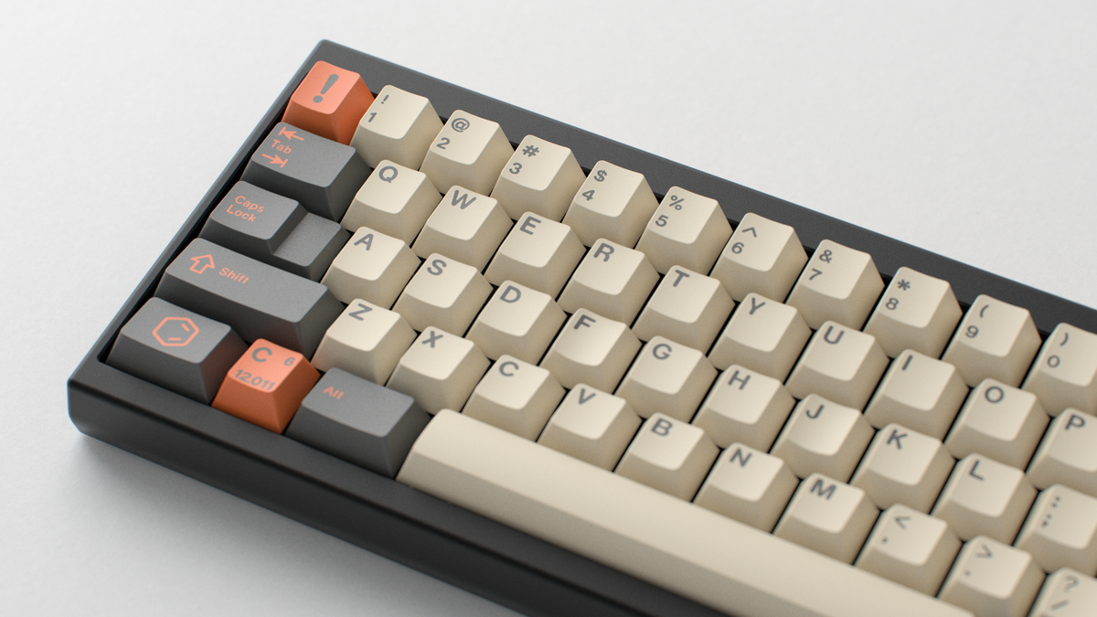  render of GMK CYL Carbon R3 on a black keyboard close up on left side 