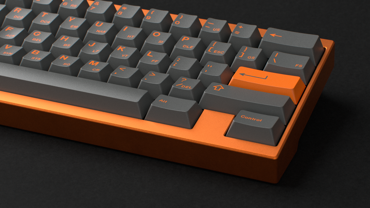  render of GMK CYL Carbon R3 on an orange keyboard close up on right side 