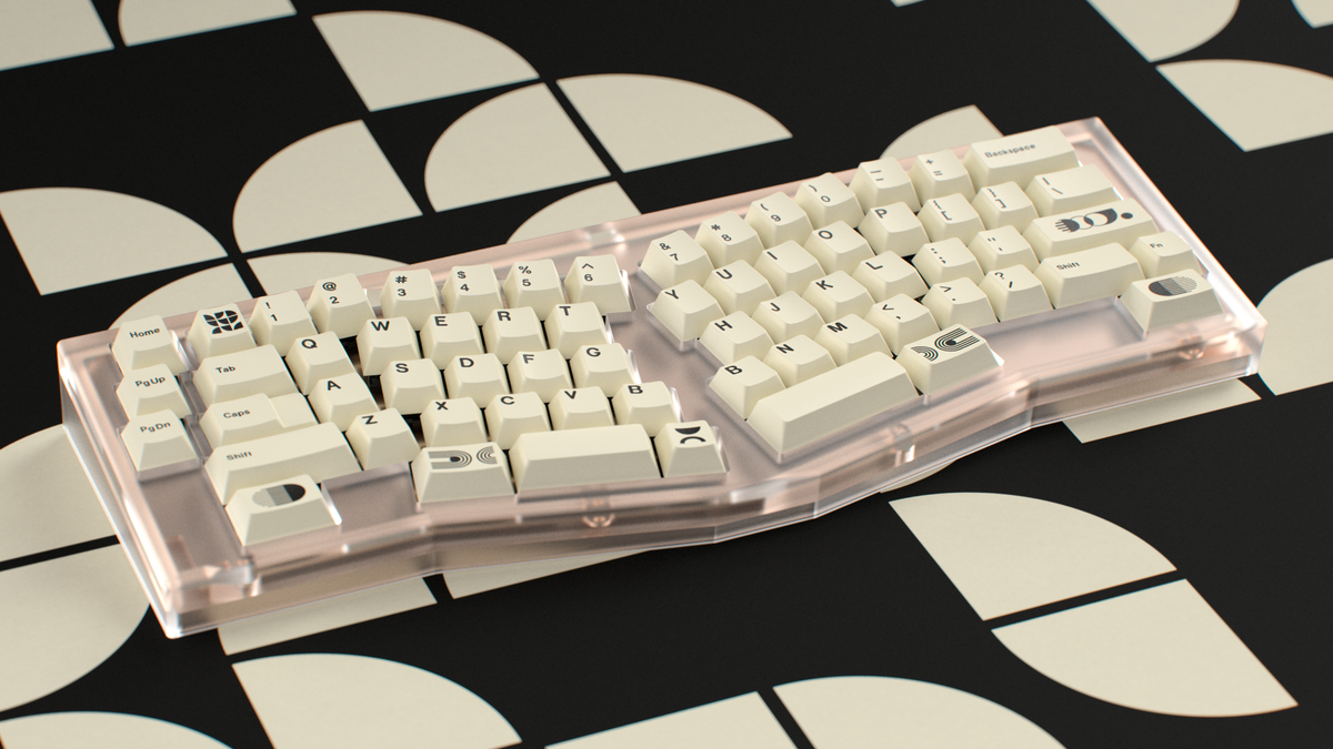  render of GMK CYL Creme on a translucent pink keyboard 