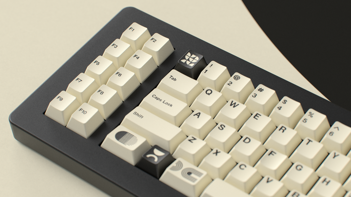  render of GMK CYL Creme on a black keyboard close up on left side 