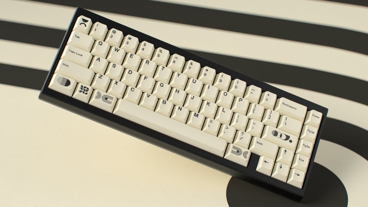  render of GMK CYL Creme on a black keyboard angled 