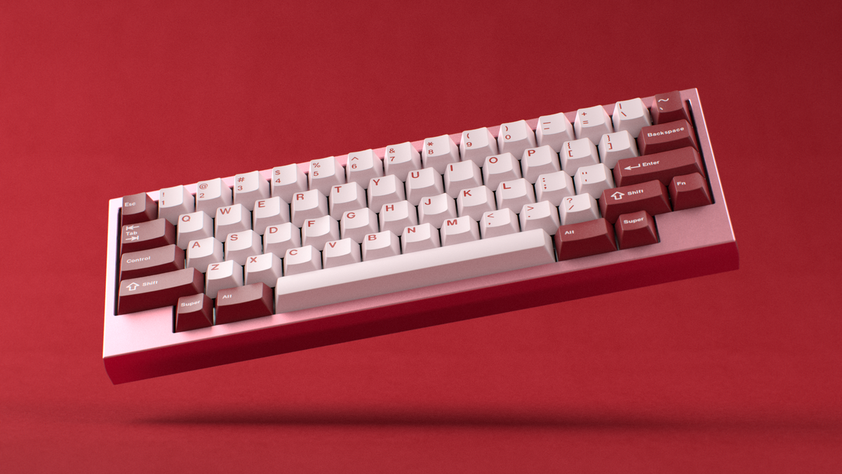  render of GMK CYL Darling on a red Atom HHKB angled 