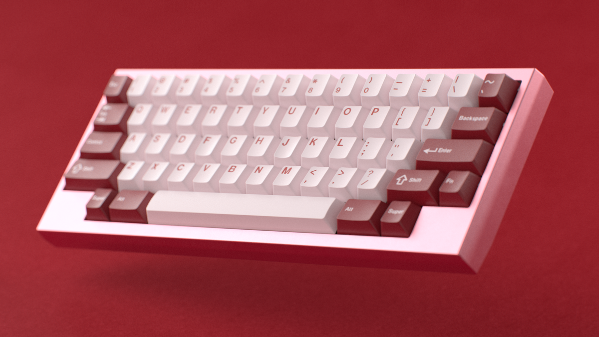  render of GMK CYL Darling on a red Atom HHKB close up on right side angled 