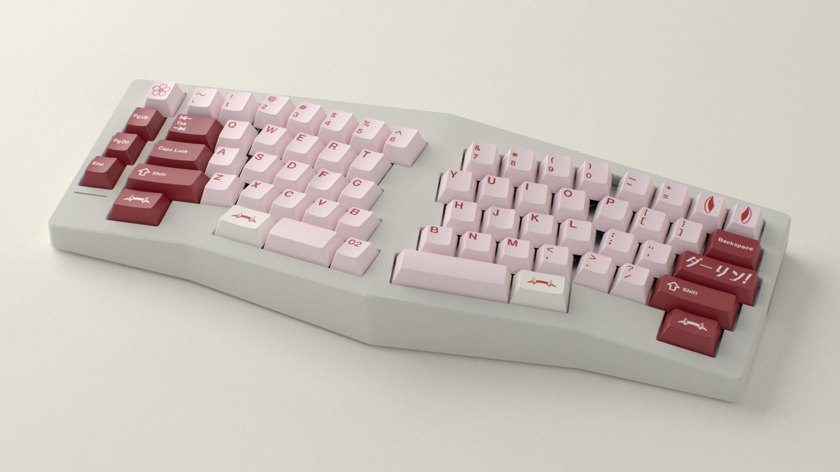  render of GMK CYL Darling on a beige Type K angled 