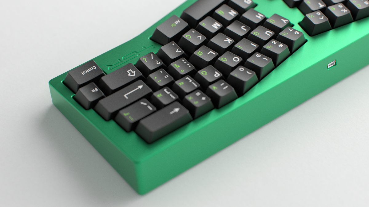  render of GMK CYL Griseann R2 on a green TGR Alice back view 