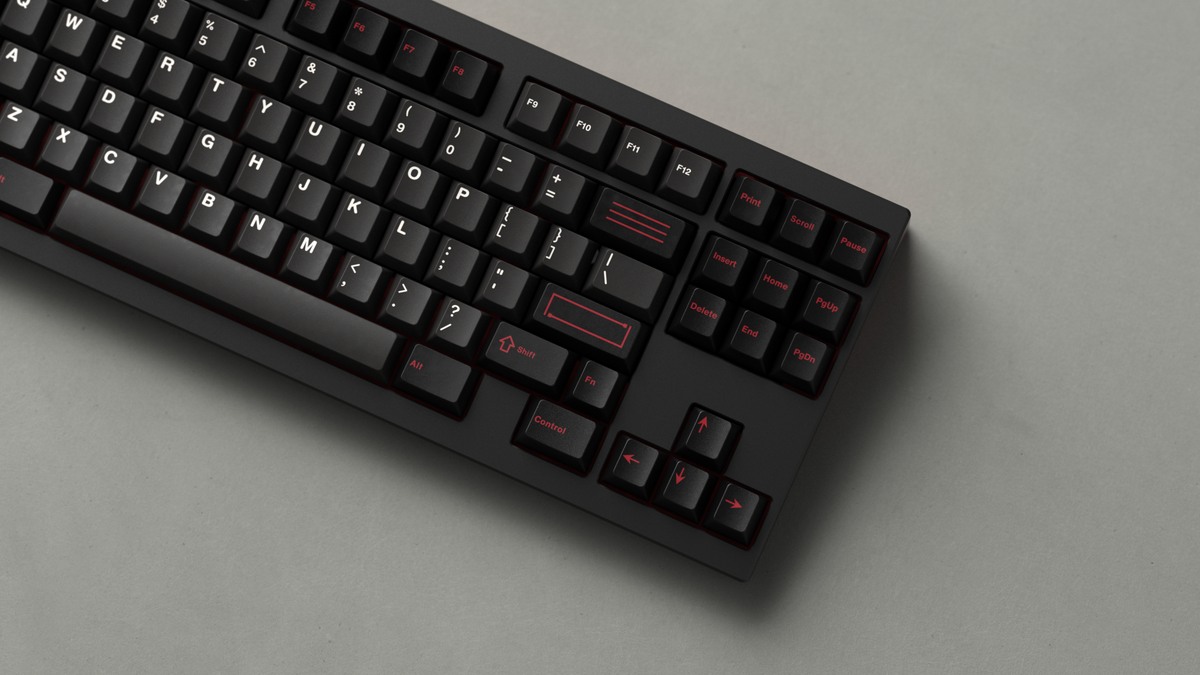  render of GMK CYL Evil Dolch on a black keyboard angled close up of right side 