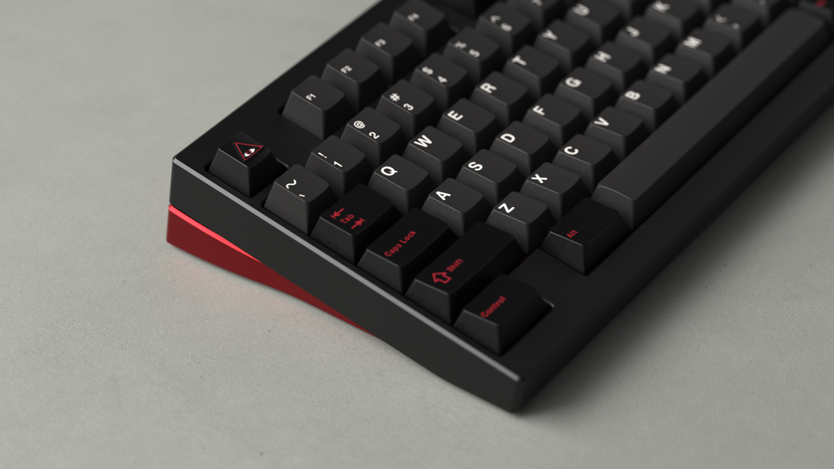  render of GMK CYL Evil Dolch on a black and red keyboard close up on left side 