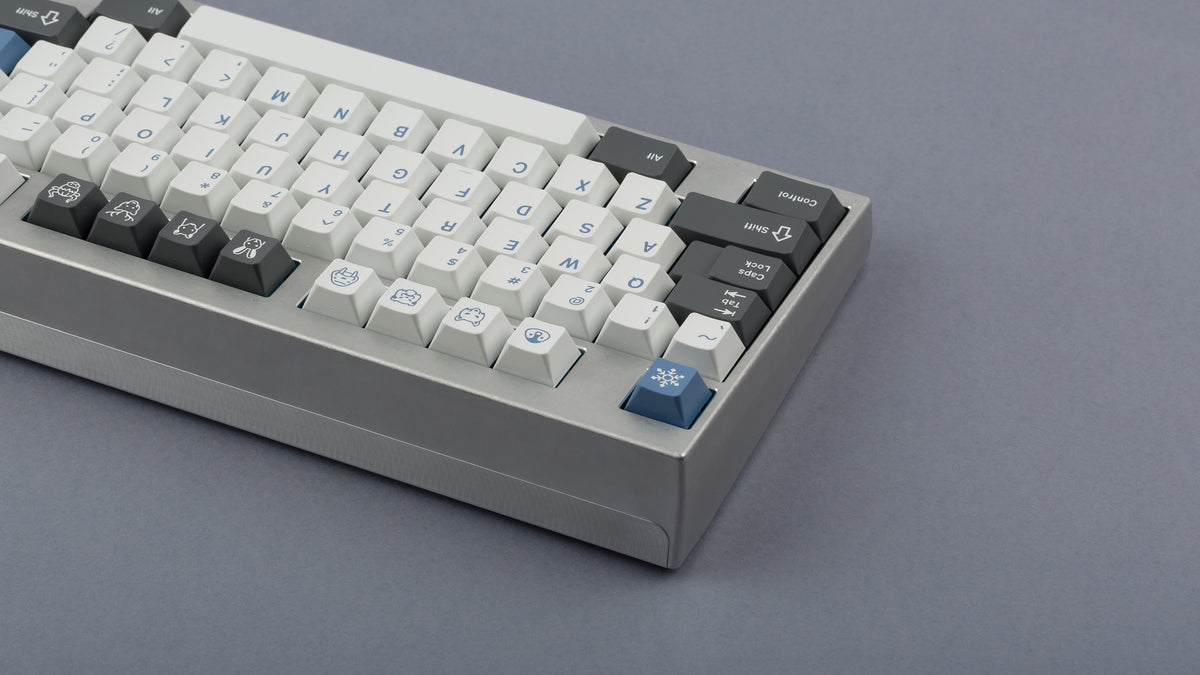 GMK CYL Arctic on silver keyboard back view left side 