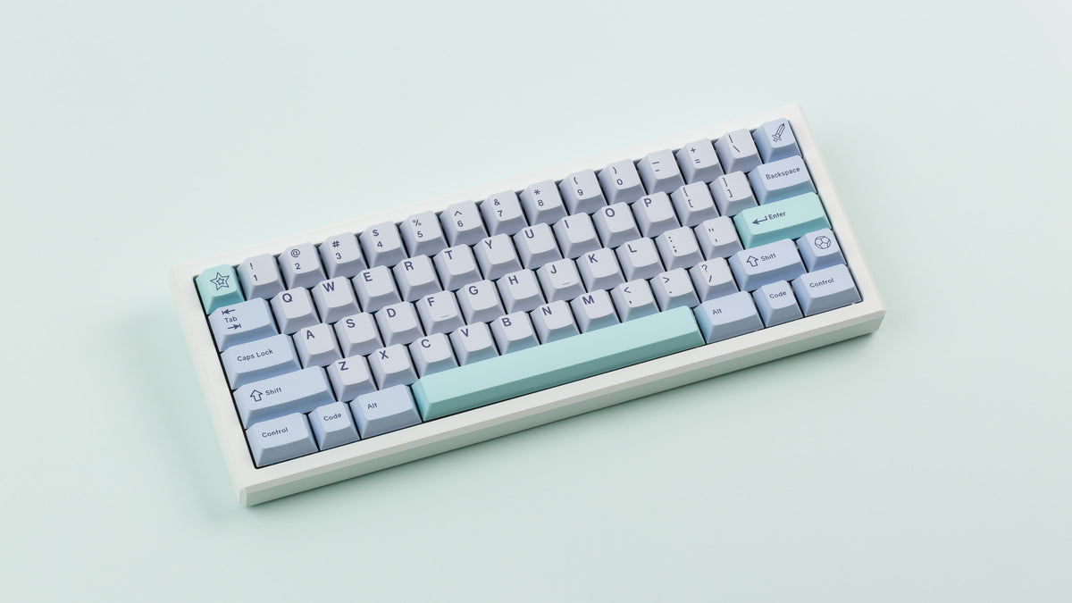  GMK CYL Astral Light on a white keyboard angled 
