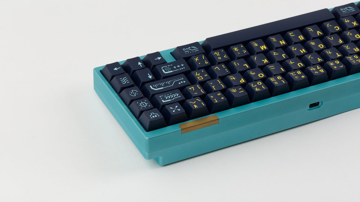  GMK CYL Awaken on a blue keyboard zoomed in on right back 