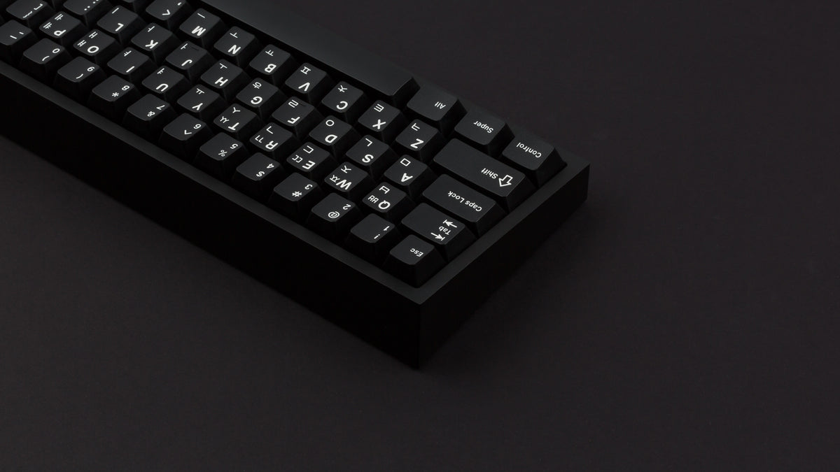  GMK CYL Hangul WoB on a black keyboard zoomed in back angled of left 